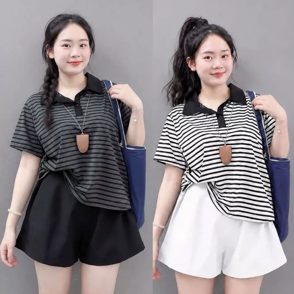 Set Bigsize Cô Nhỏ Áo Polo Nữ Cổ Bẻ Kẻ Sọc Thanh Lịch Ngắn Tay Vải Thun Mềm Mát Co Giãn Kèm Quần Đùi- (A351+Q500)