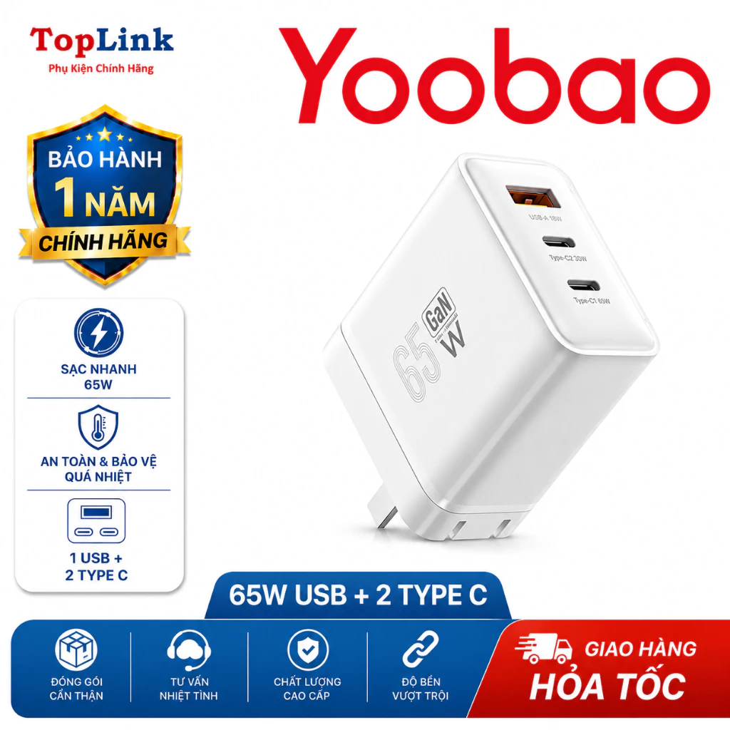 Củ Sạc Nhanh 65w 2C+U Yoobao Sạc 3 Thiết Bị Cùng Lúc An Toàn Nhỏ Gọn Cho IP/ Pad/ Lap Top/ Taplet Có PD SCP, FCP, QC 3.0