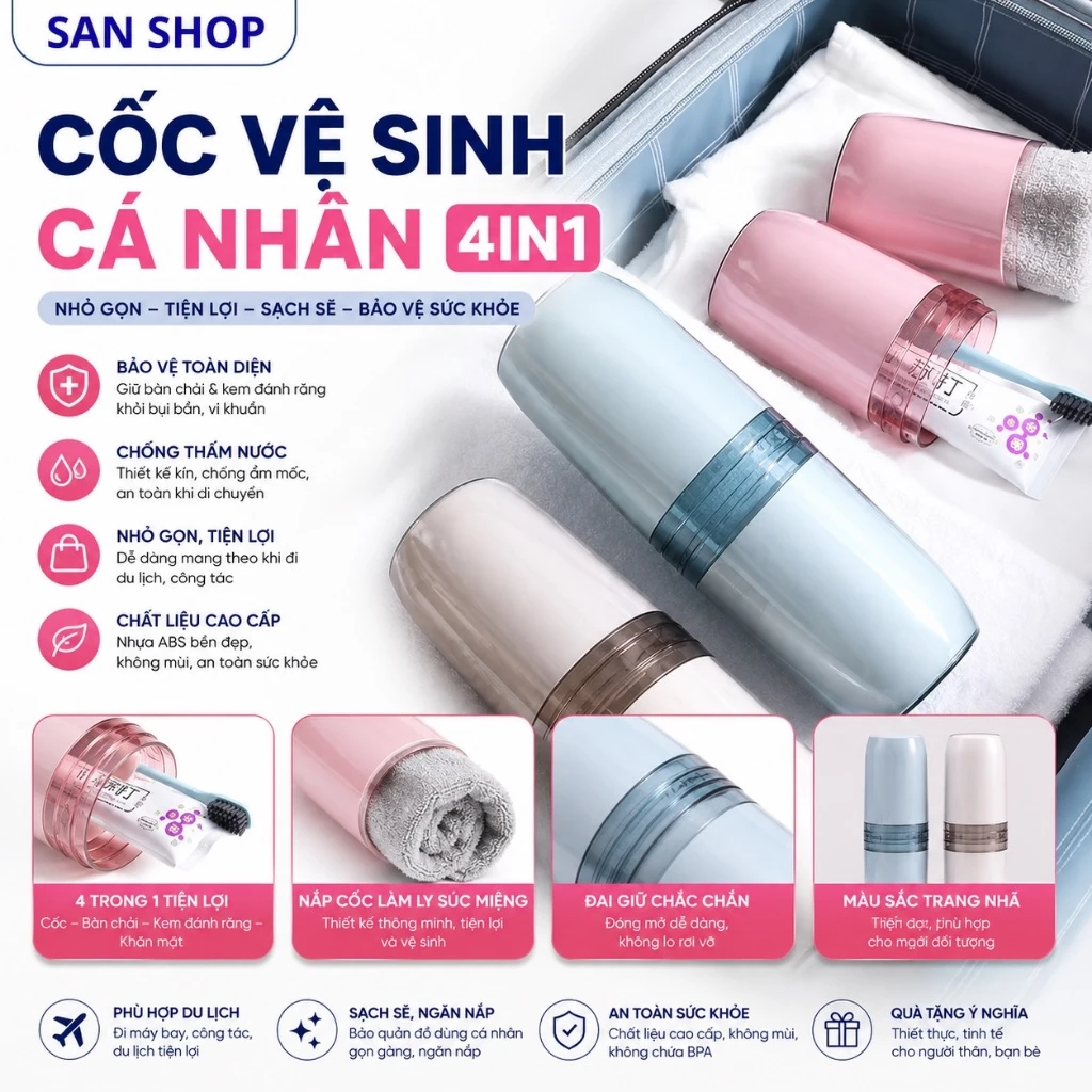 Cốc Đựng Bàn Chải & Kem Đánh Răng Du Lịch 4In1 Nhựa Pp Cao Cấp Gọn Nhẹ Tiện Lợi Sanshop
