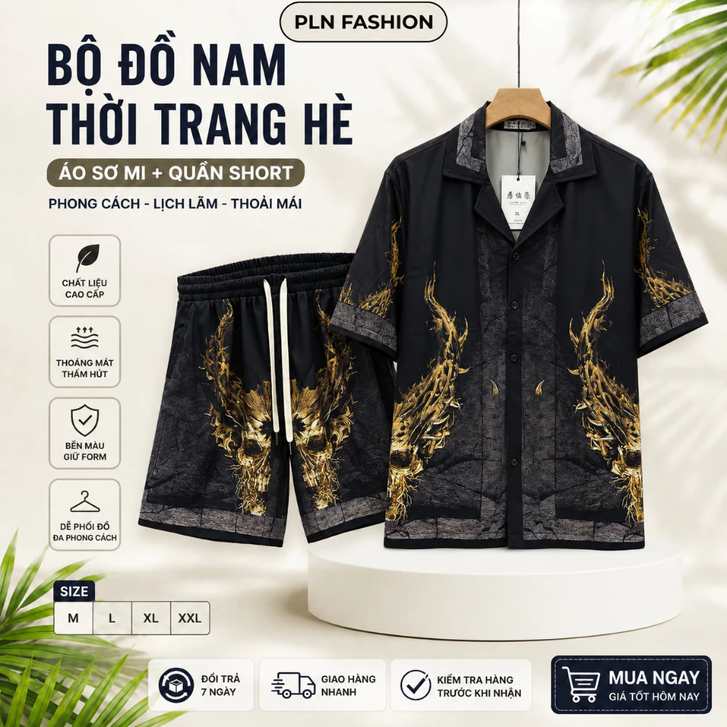 bộ quần áo sơ mi nam in họa tiết cộc tay mặc đi biển siêu đẹp, bộ quần áo ngắn tay dáng suông siêu mát N47