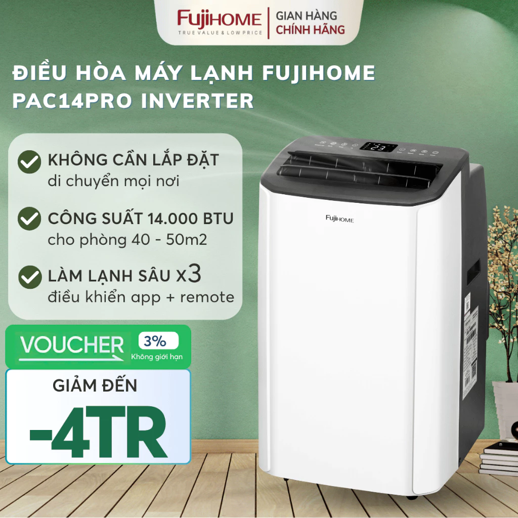 Điều hòa di động 14.000 BTU có hút ẩm PAC14PRO FUJIHOME, máy lạnh cây Inverter tiết kiệm điện