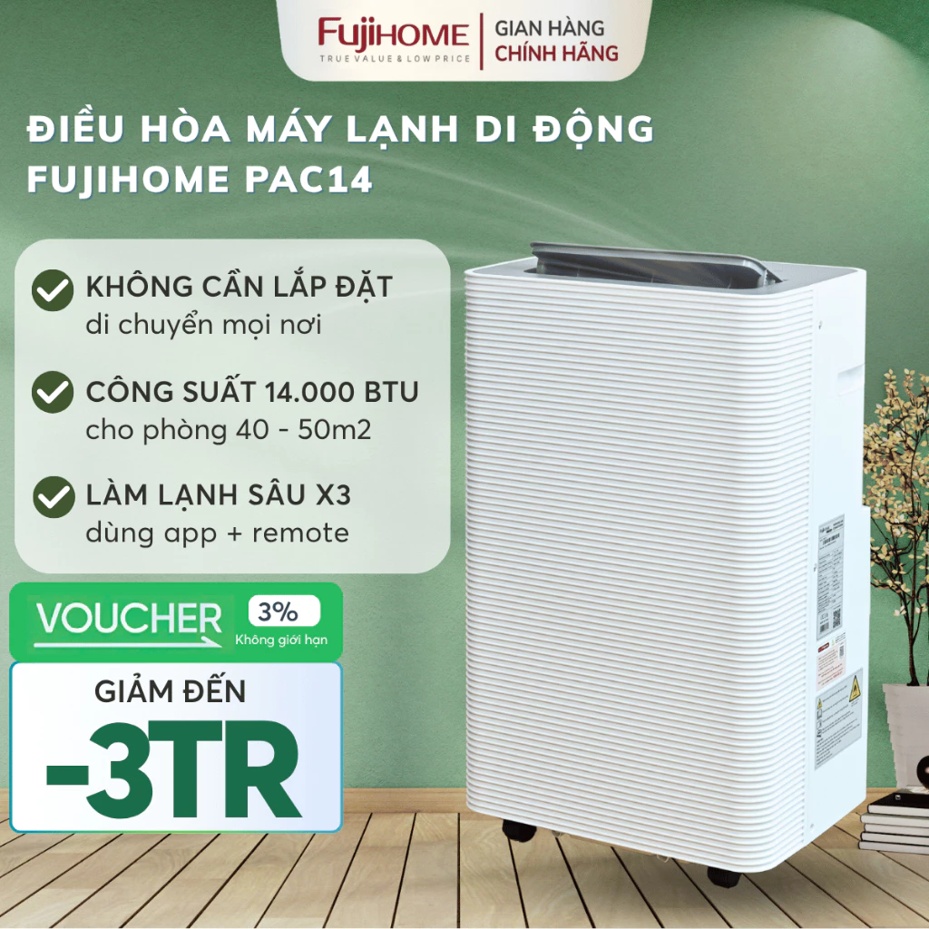 Điều hòa di động tiết kiệm điện đa năng 4in1 FUJIHOME PAC14, máy lạnh di động cao cấp kết nối WiFi