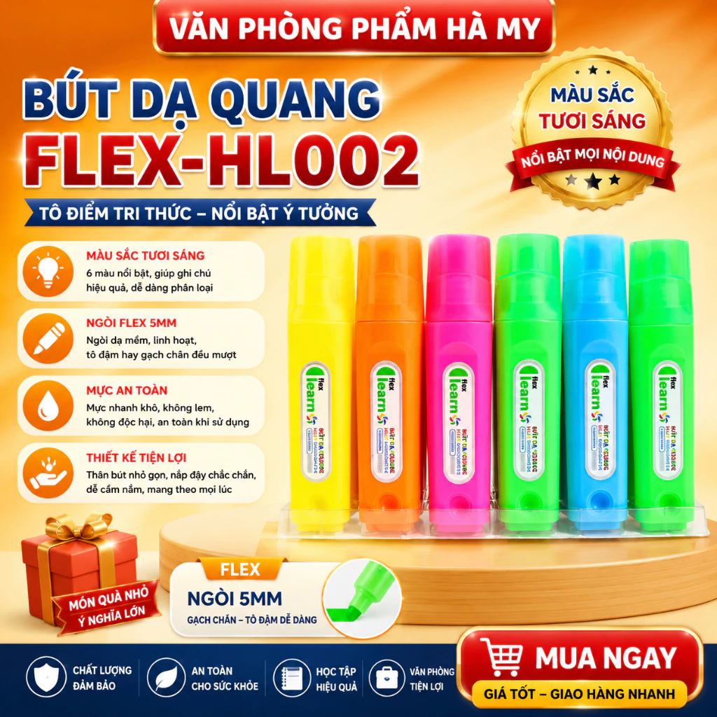 Combo 5 Cây Bút dạ quang Flex HL002 Ngòi 5mm Màu mực tươi sáng