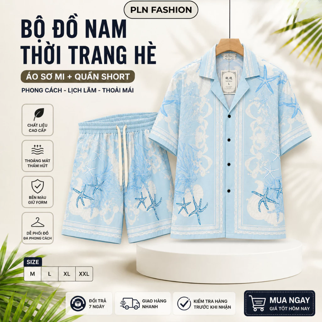 bộ sơ mi nam cộc tay mặc mùa hè in họa tiết chất liệu lụa mát, áo cộc tay nam dáng đẹp trẻ trung N33