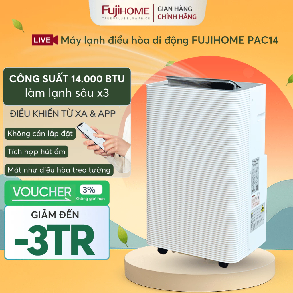 Máy lạnh di động tiết kiệm điện Nhập Khẩu FUJIHOME PAC14 14000BTU, điều hòa cục đứng hút ẩm lọc khí