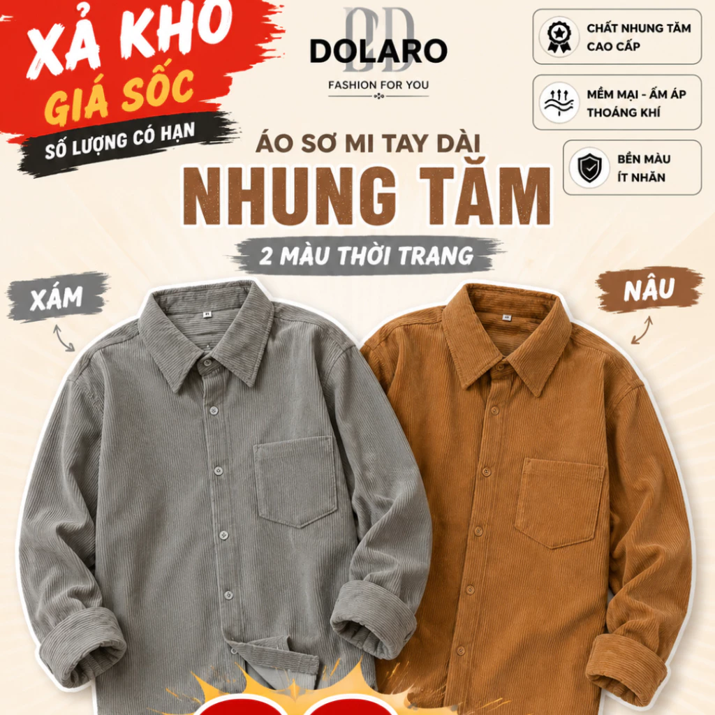 Áo sơ mi tay dài nam nữ dáng rộng cao cấp vải nhung tăm local brand DOLARO, áo đôi cặp nhung tăm tay phồng từ 40-78kg