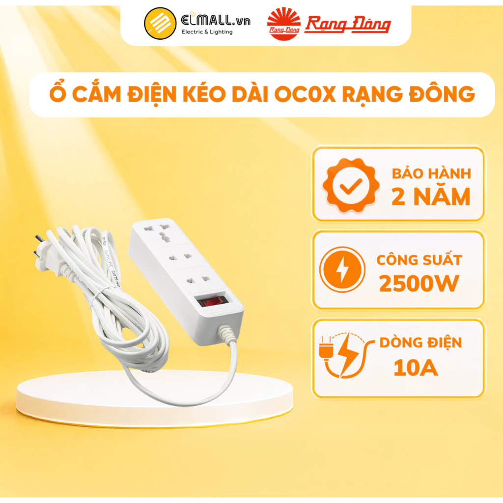 Ổ cắm kéo dài đa năng 6 ổ, dây 5m,chịu tải cao, an toàn Rạng Đông Model OC0x