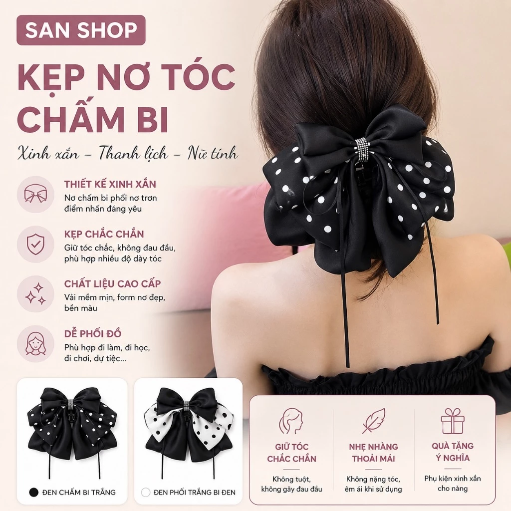 Kẹp Tóc Nơ Chấm Bi Cao Cấp Cặp Phối Lớp Đính Đá Sang Chảnh Style Hàn Quốc A22 Sanshop