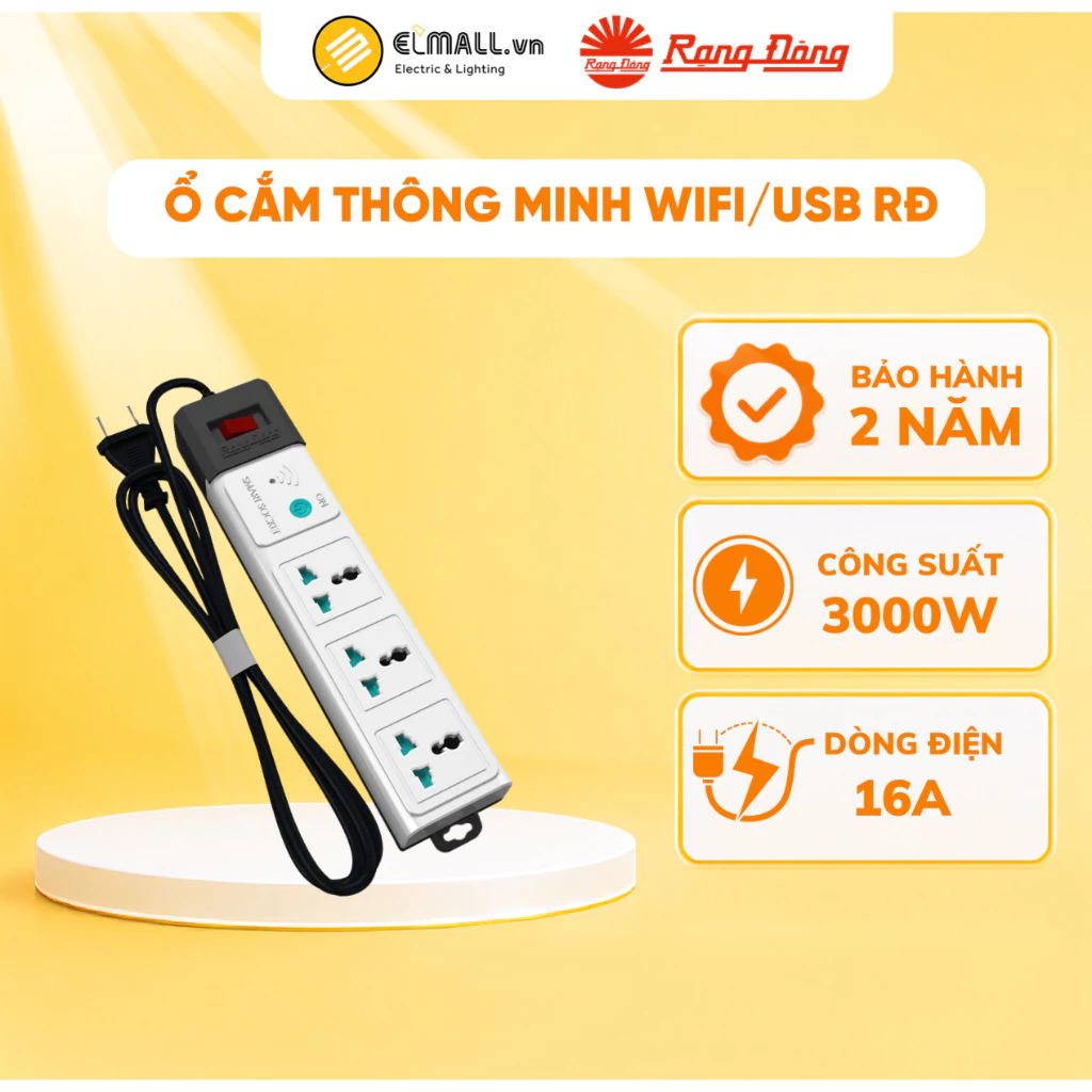 Ổ cắm thông minh Wifi 5m Rạng Đông, OC02.WF 3C/5M/10A - Elmall