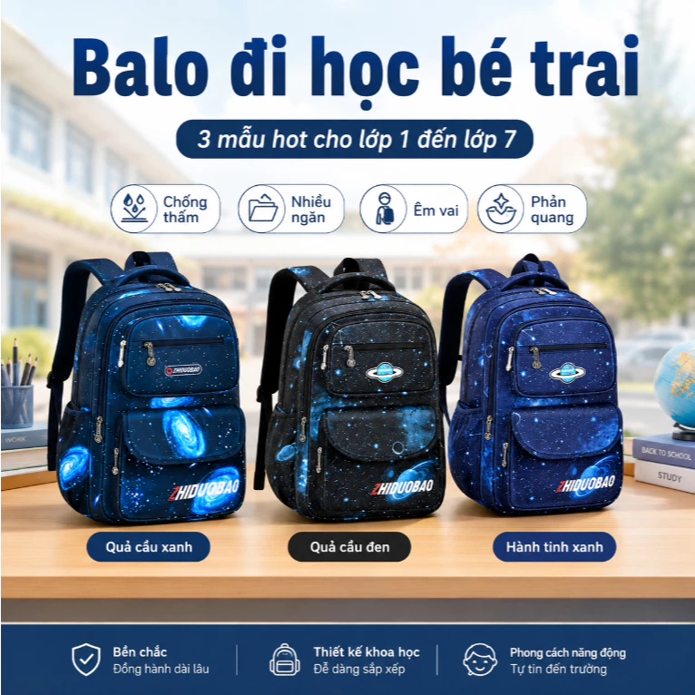 Balo Đi Học Cho Bé Trai Lớp 1-7 Chất Liệu Bền Đẹp Chống Thấm Nhiều Ngăn Thoáng Lưng Đựng Vừa Laptop Nhẹ Tiện Dụng