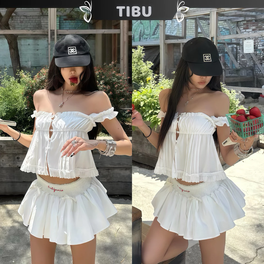 TIBU - Set Áo Hai Dây Cài Nút Phối Chân Váy Xoè Xinh Xắn Đi Chơi Dạo Phố Biển Mùa Hè B756