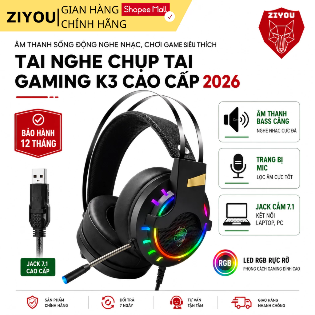Tai Nghe Gaming Chụp Tai ZIYOU K3 LED RGB, Micro 360 Độ Lọc Tạp Âm Chiến Game Cực Đã, Chống Ồn Tốt