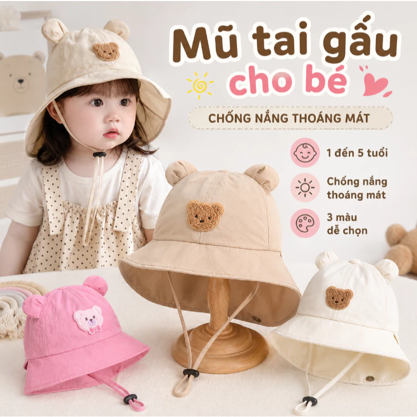 Nón Tai Gấu Chống Nắng Toàn Diện Cho Bé 1-5T Vành Rộng Che Mặt Dây Đeo Chắc Mềm Nhẹ Bảo Vệ Da Bé Hiệu Quả