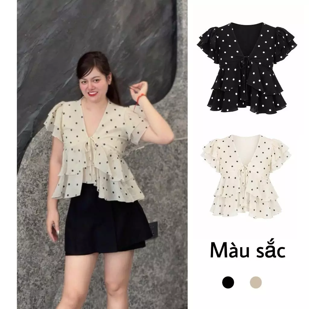 688 BIGGSIZE Áo điệu cổ v phối viền bèo nhiều tầng hoạ tiết chấm bi