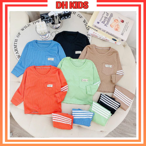 [D07] Bộ quần áo dài tay thể thao chất tổ ong mát mẻ cho bé trai và bé gái từ 6 -16kg - DH KIDS