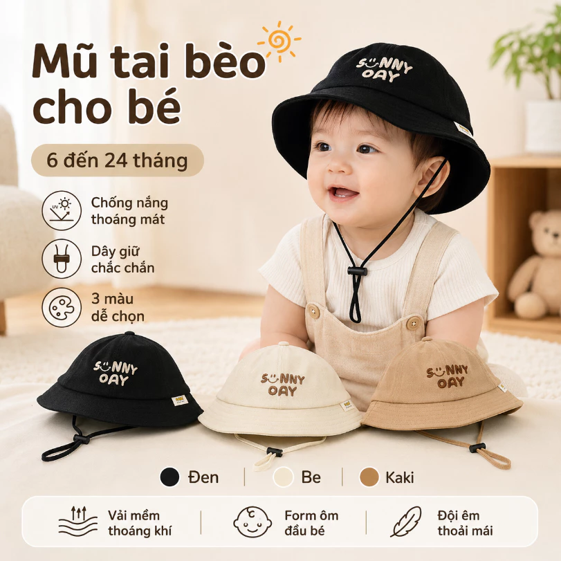 Mũ Tai Bèo Cho Bé 6-24 Tháng Siêu Đáng Yêu Bé Không Chịu Gỡ Kiểu Hàn Dễ Thương Dây Giữ Chắc Chống Nắng Thoáng Mát Mùa Hè