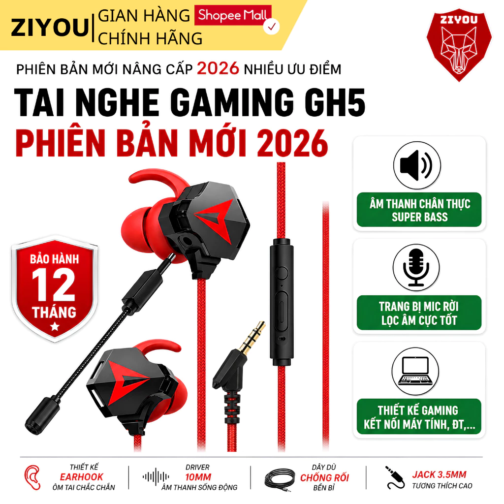 Tai Nghe Gaming Nhét Tai ZIYOU GH5 Âm Thanh Super Bass, Chống Ồn, Có Mic Tháo Rời, Tặng Bộ Phụ Kiện