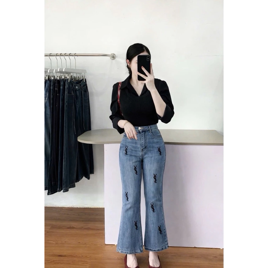 (88cm) Quần Jean Nữ Ống Loe thêu Lai ,  Đủ Size S/M/L (  L01 - quần loe lỡ 5936 )