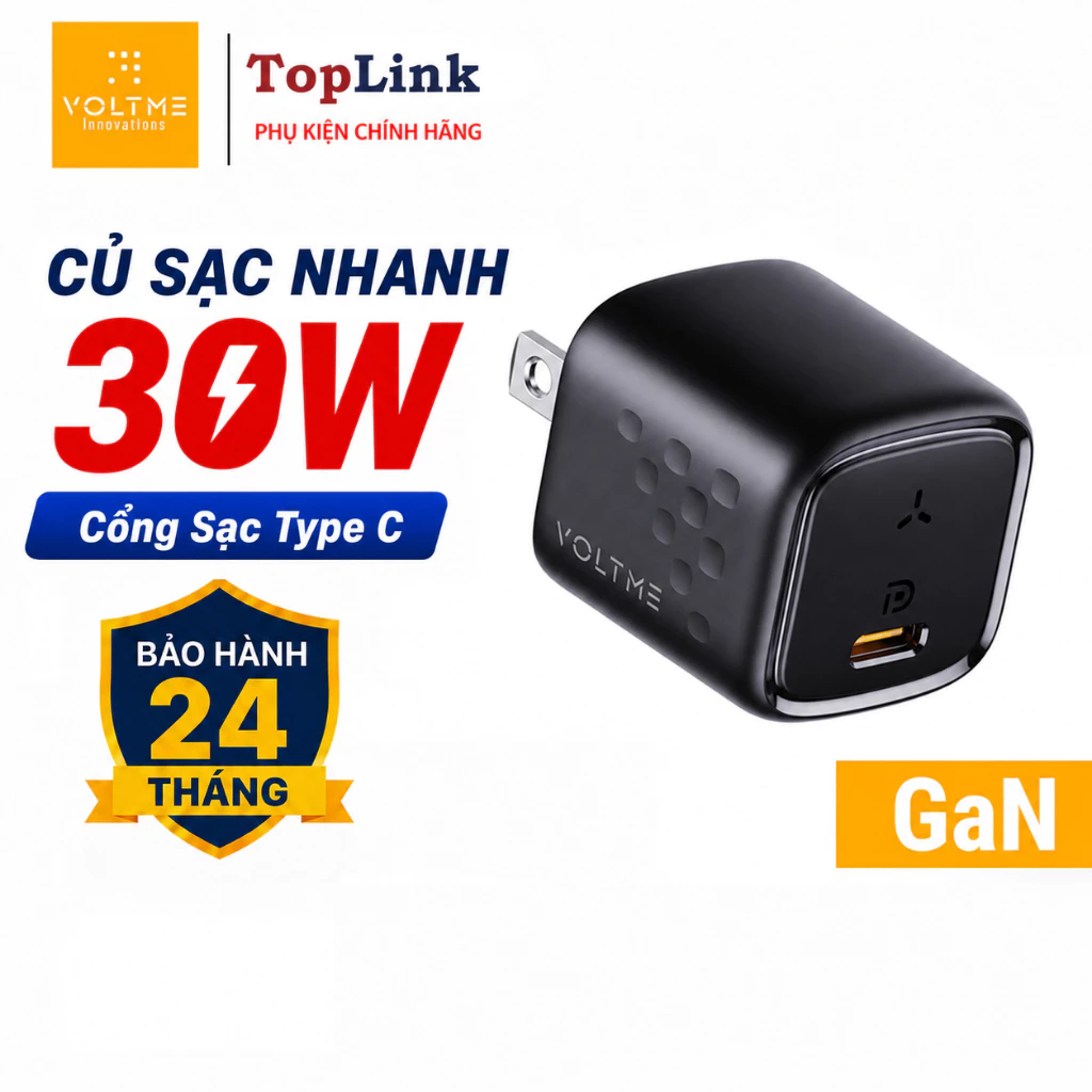 Bộ Sạc Nhanh 30W typeC PD VOLTME Revo GaN Nhỏ Gọn Cho Ip 17/16/15/14/13/12 Samsung PPS, Mac - Bảo Hành 24 Tháng