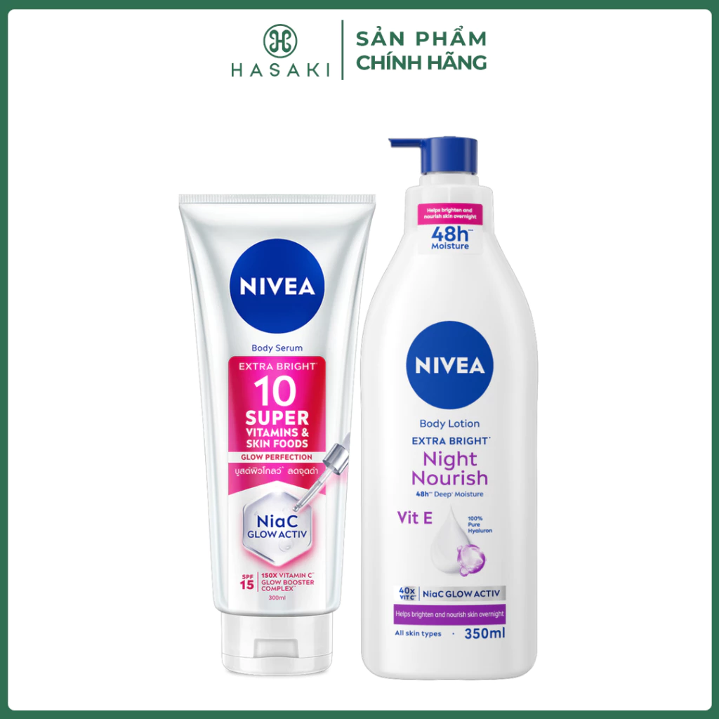 Combo Nivea Serum Dưỡng Thể Sáng Da, Mờ Thâm 300ml + Sữa Dưỡng Thể Sáng Da Ban Đêm 350ml Hasaki Chính Hãng
