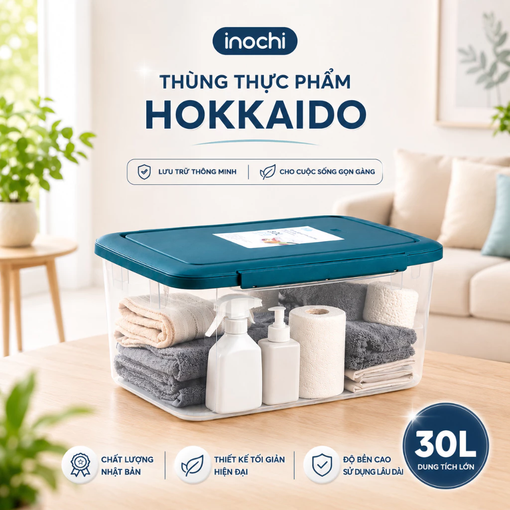 Thùng Đựng Thực Phẩm Inochi Hokkaido 10L/18L/30L Nhựa PP Nguyên Sinh Kháng Khuẩn An Toàn Có Nắp Kín