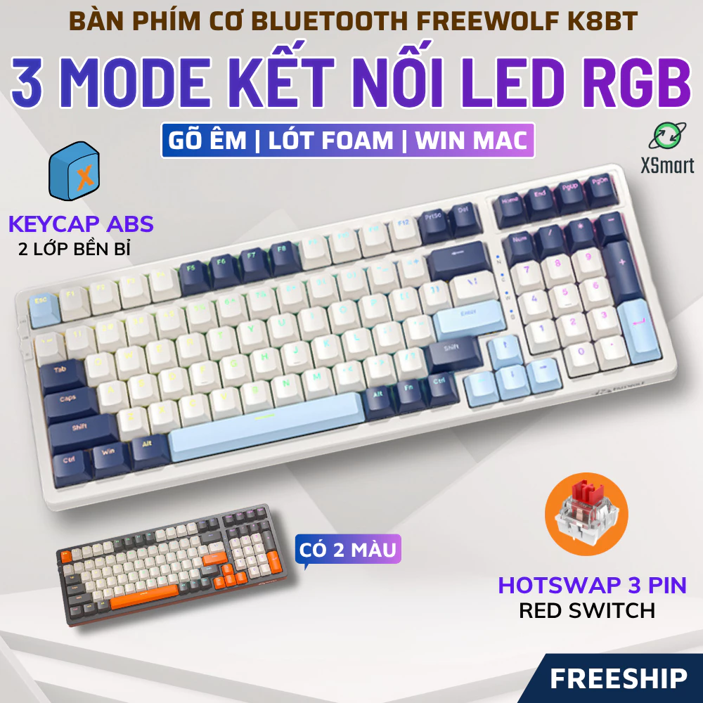Bàn Phím Cơ Không Dây Máy Tính K8BT Bluetooth 5.0 Hotswap Red Switch LED Gaming, Gõ Êm, Lót Foam
