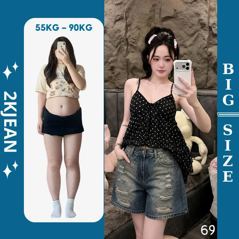 Quần short ngố jean nữ rách ép đính đá bigsize 55-85kg, quần ngố lửng rách cạp lưng chun QC69 2KJeans