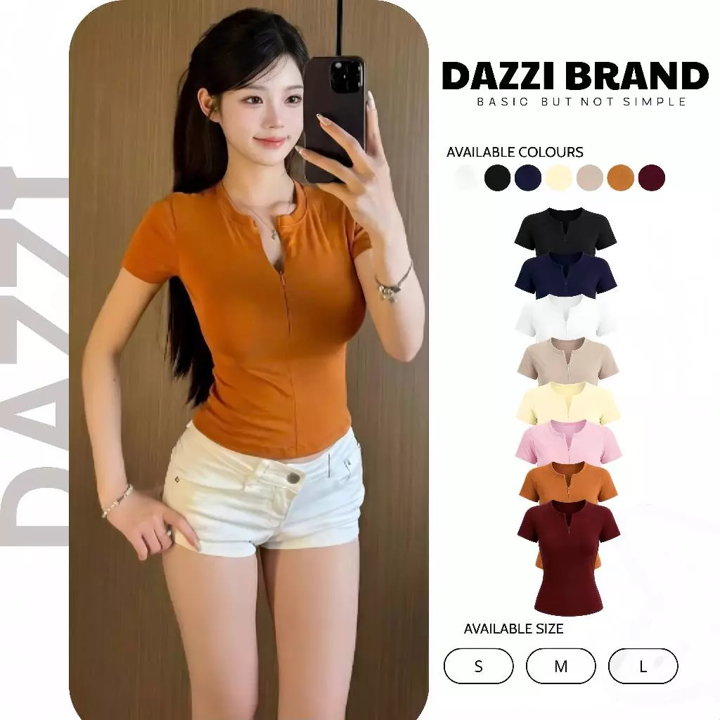 [MỞ BÁN] Áo thun cổ tròn phối dây kéo tay ngắn form ôm vải cotton mịn mát lạnh cho mùa hè DAZZI women A098