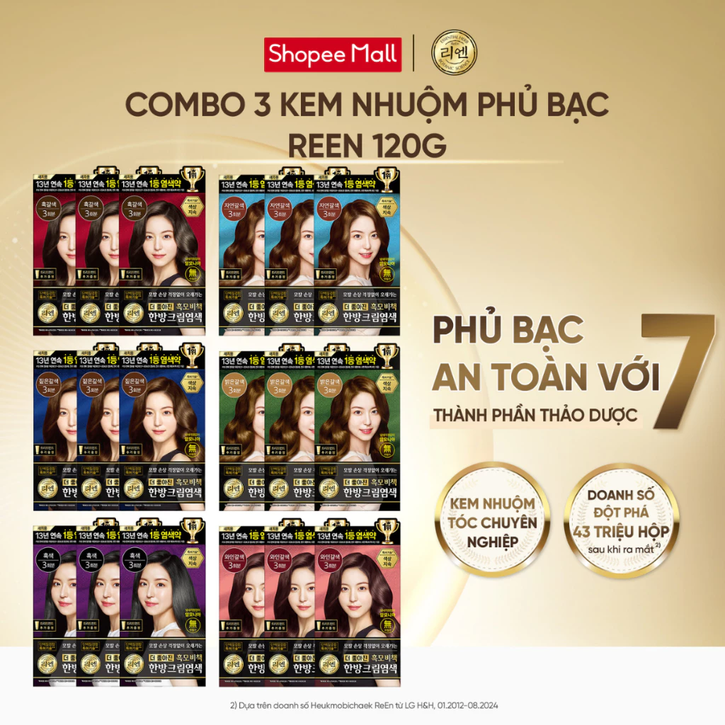 [CHÍNH HÃNG ĐỘC QUYỀN] Combo 3 Kem nhuộm tóc phủ bạc thảo dược ReEn an toàn và bền màu 120g, màu sắc tự nhiên mềm mượt