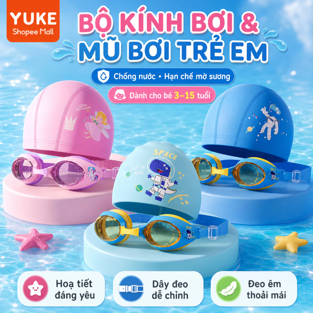 Kính kèm mũ bơi trẻ em Ylike, chống mờ viền silicon mềm ngăn nước cho bé gái bé trai 626
