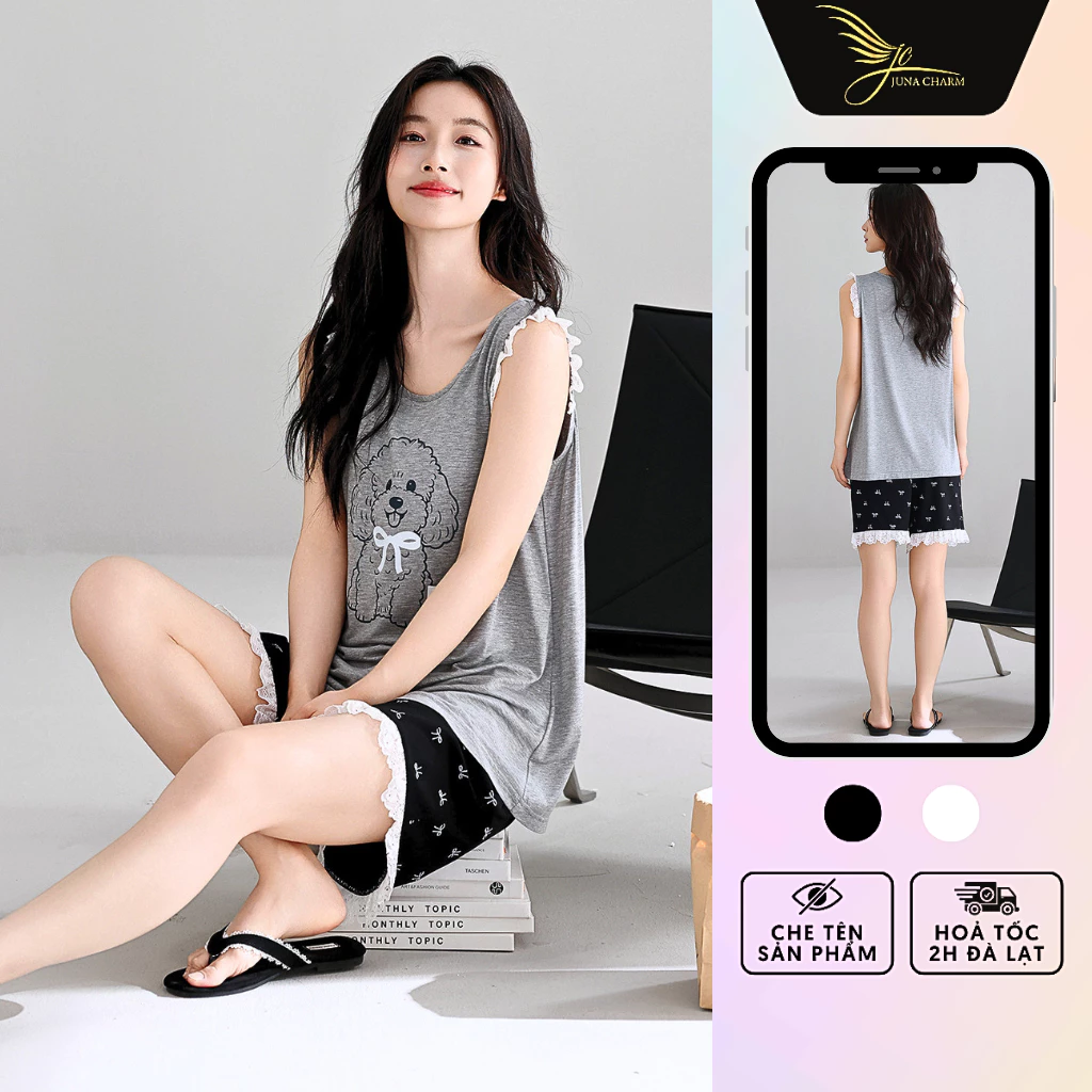 Bộ Pijama Mặc Nhà, Đồ Bộ Đùi Sát Nách JUNA Freesize Thời Trang Đồ Ngủ Dành Cho Nữ, Chất Thun Tăm Cotton, Họa Tiết/SP8883