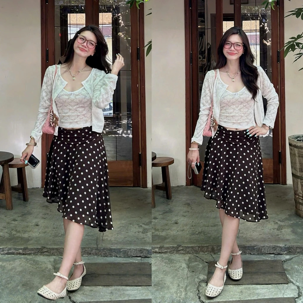 (ẢNH OLDSCHOOL) Chân váy lụa chấm bi nữ tà lệch CV5656 Camila Skirt.