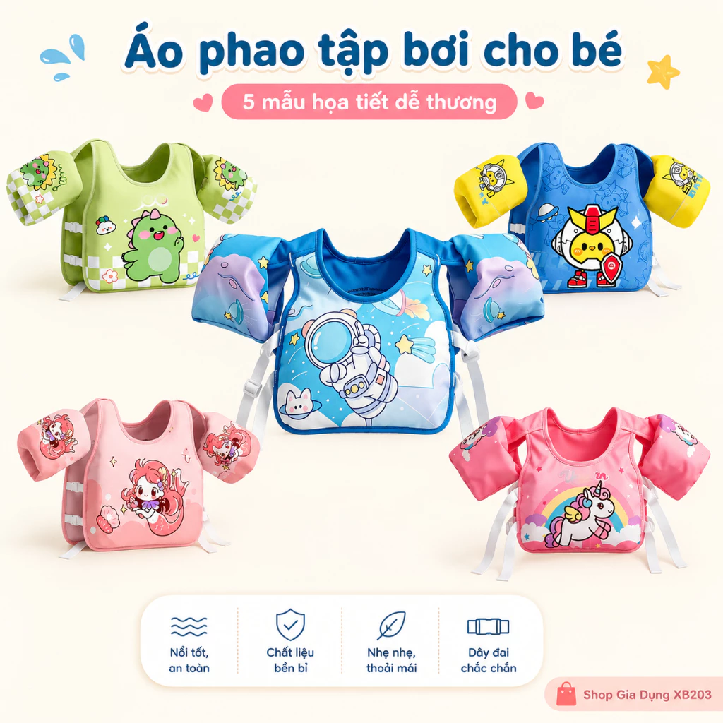 Áo Phao Tập Bơi Cho Bé Có Tay Đỡ, Áo Phao Bơi Trẻ Em Họa Tiết, Chất Liệu Nhẹ Thoải Mái An Toàn AN8