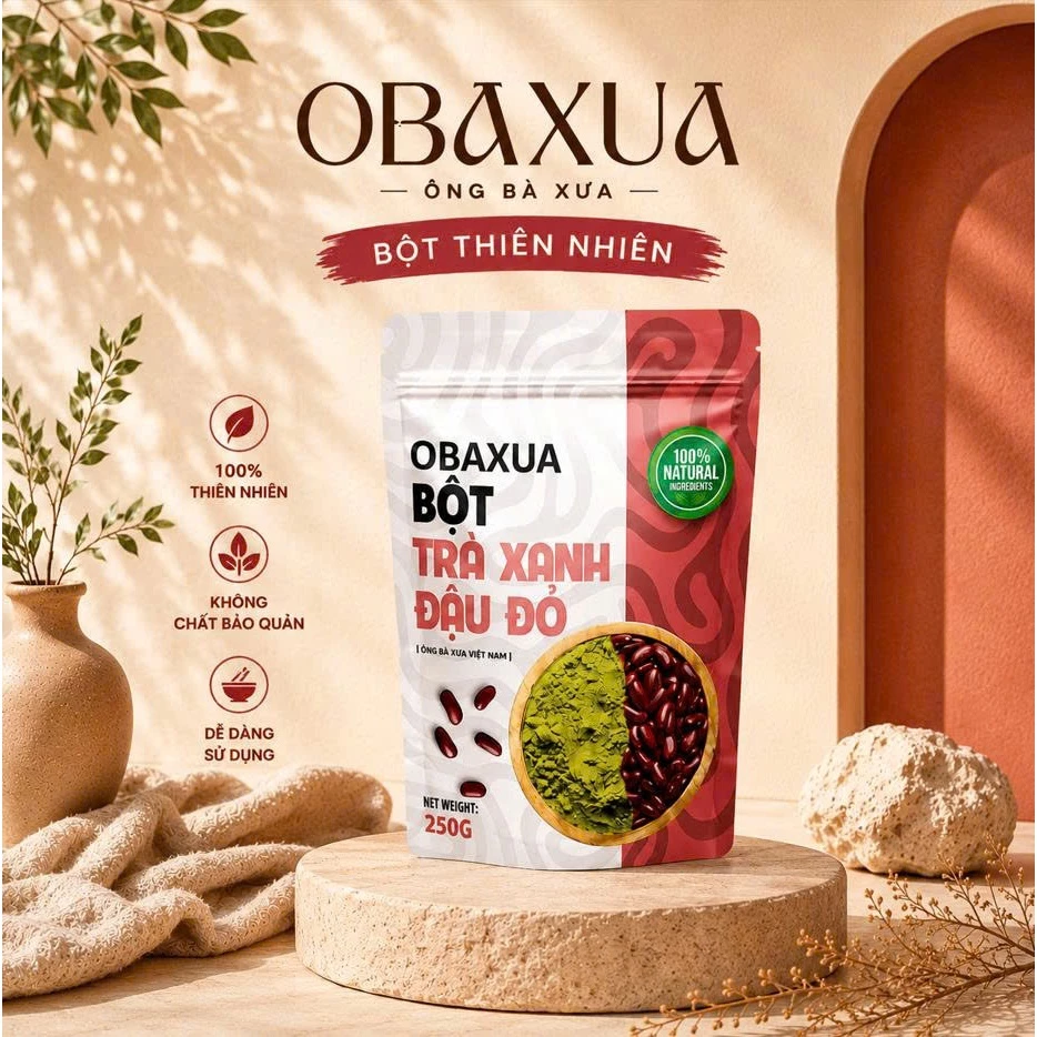 Bột Trà Xanh Đậu Đỏ OBAXUA Nguyên Chất – Túi 75g/250g/500g