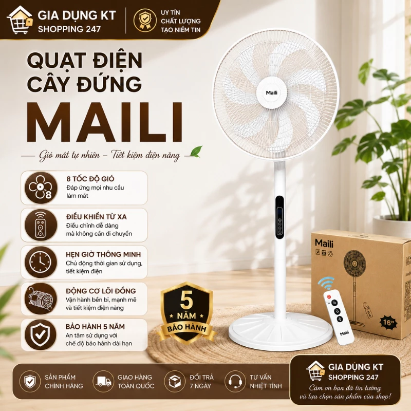Quạt Điện Cây Đứng MAILI, Quạt Điện Tử Thông Minh 8 Tốc Độ Gió, Làm Mát Cực Nhanh, Hoạt Động Bền Bỉ, Không Gây Tiếng Ồn