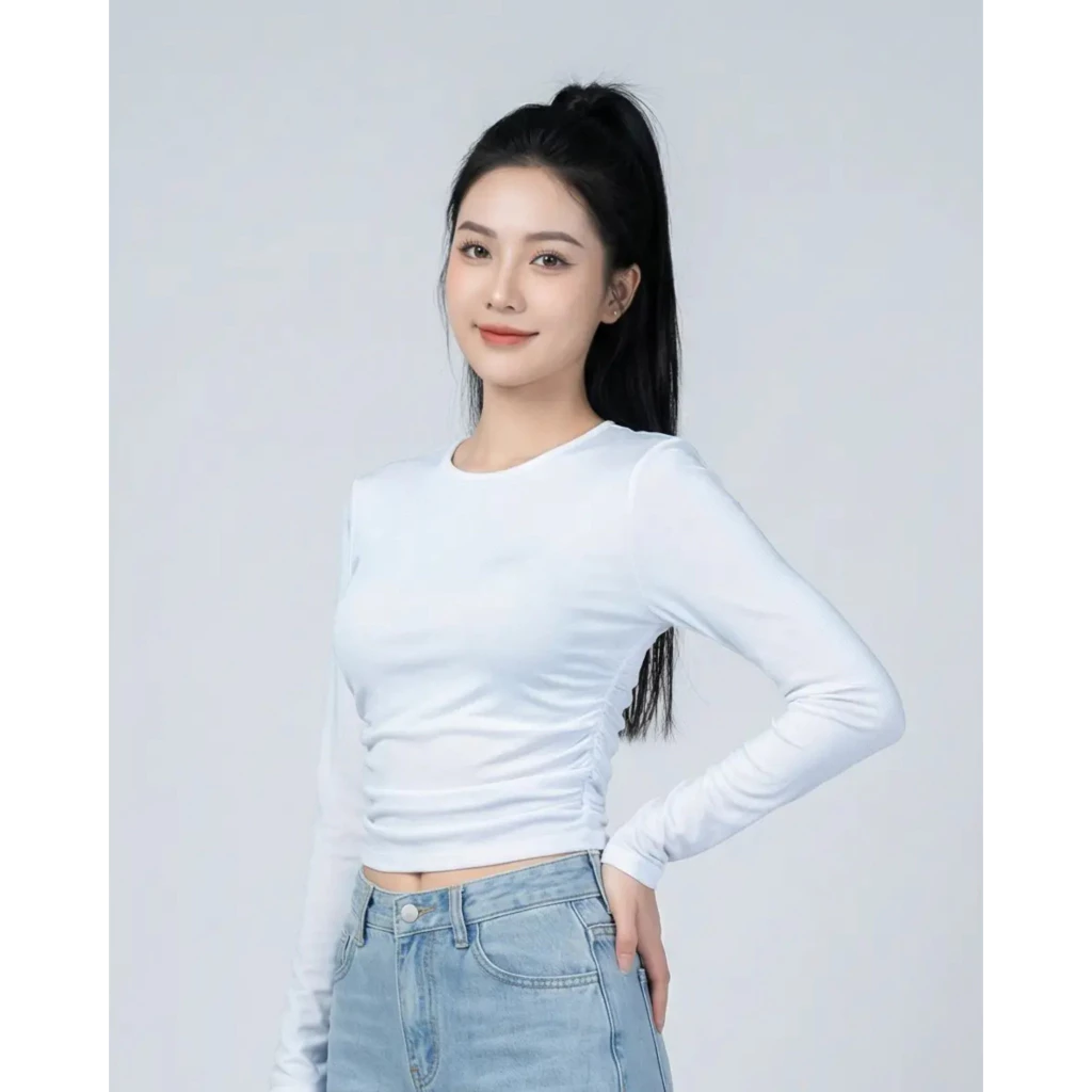 Áo Thun SHI Nữ Mỏng Tay Dài  màu trắng có cổ tròn