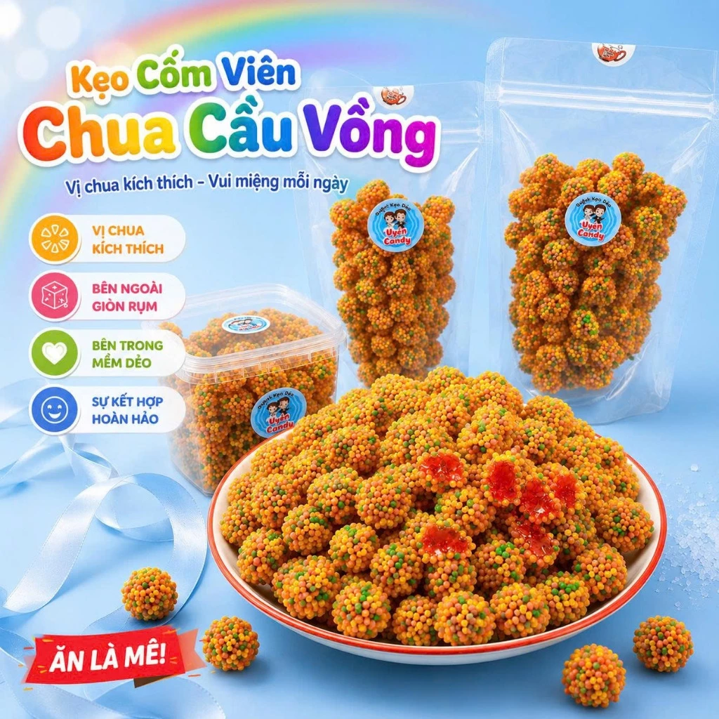 Kẹo Cốm Viên Chua Cầu Vồng, Vị Chua-Phù Hợp Cho Người Thích Ăn Chua, Bên Ngoài Giòn Rụm - Trong Dẻo