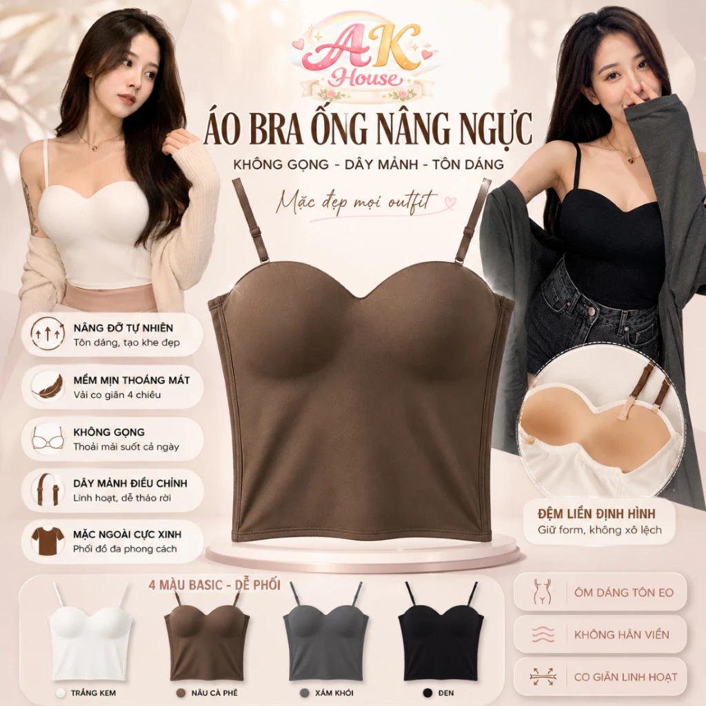 [AB3] Áo 2 Dây Lụa Băng AB3 Có Mút Ngực Cố Định – Áo Croptop Nữ Ôm Body Không Cần Mặc Bra,Điều Chỉnh Co Giãn 4 Chiều