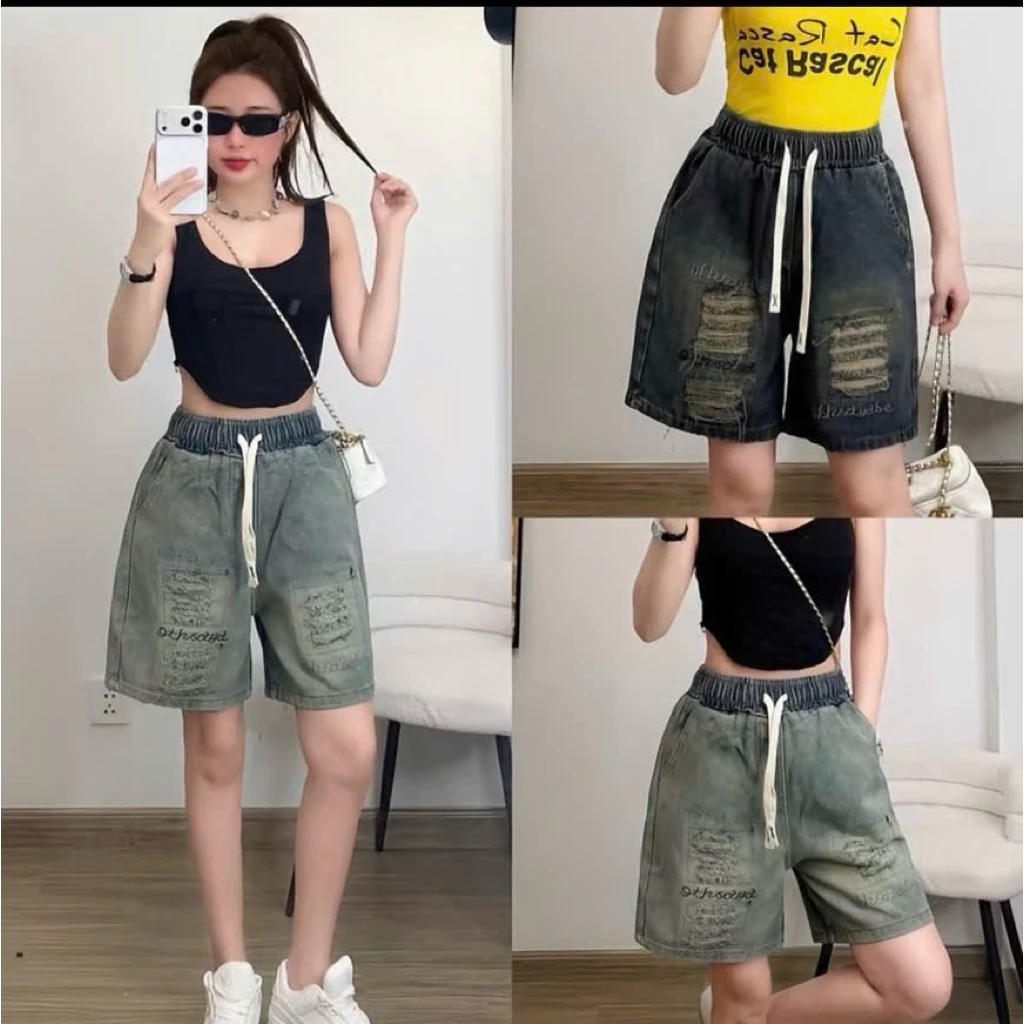 [HOT DEAL] Quần Jeans Ngố Rách Siêu Phẩm thêu Jun chữ năng động trẻ trung hot 2026-Short thêu Jun