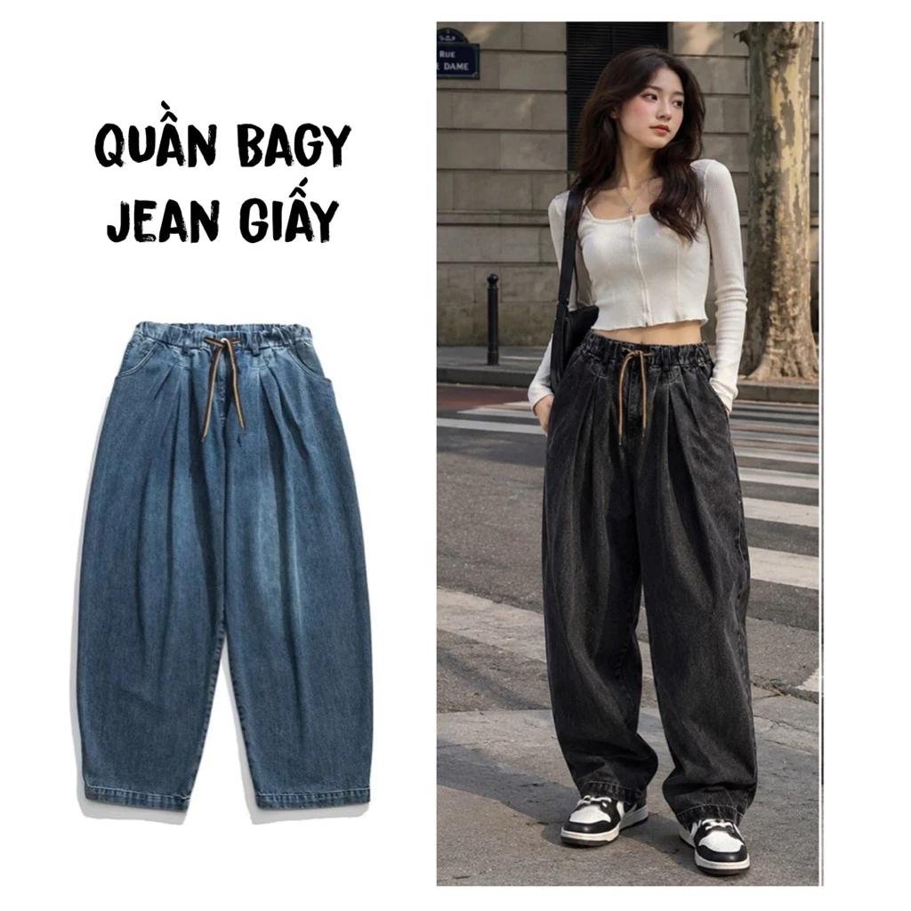 [Jean Giấy] Quần bò ống rộng fom begy thiết kế cạp chun phong cách Hàn Quốc Mã 28