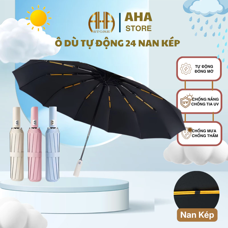 Dù Che Mưa, Che Nắng Cao Cấp 24 NAN KÉP TỰ ĐỘNG Gấp Gọn Để Túi Xách Ba Lô Cốp Xe, Chống Tia UV