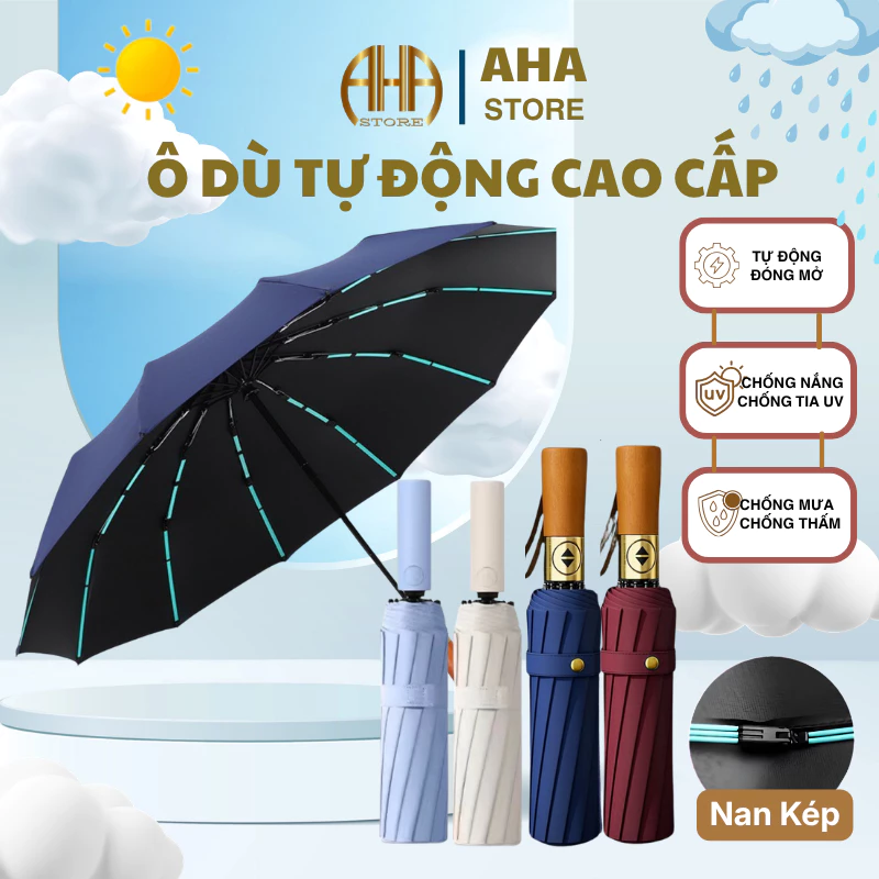 Ô Dù Che Mưa Nắng TỰ ĐỘNG Đóng Mở Gấp Gọn 2 Chiều, Dù Che Nắng Cao Cấp Cán Gỗ 8-24-72 Nan Kép