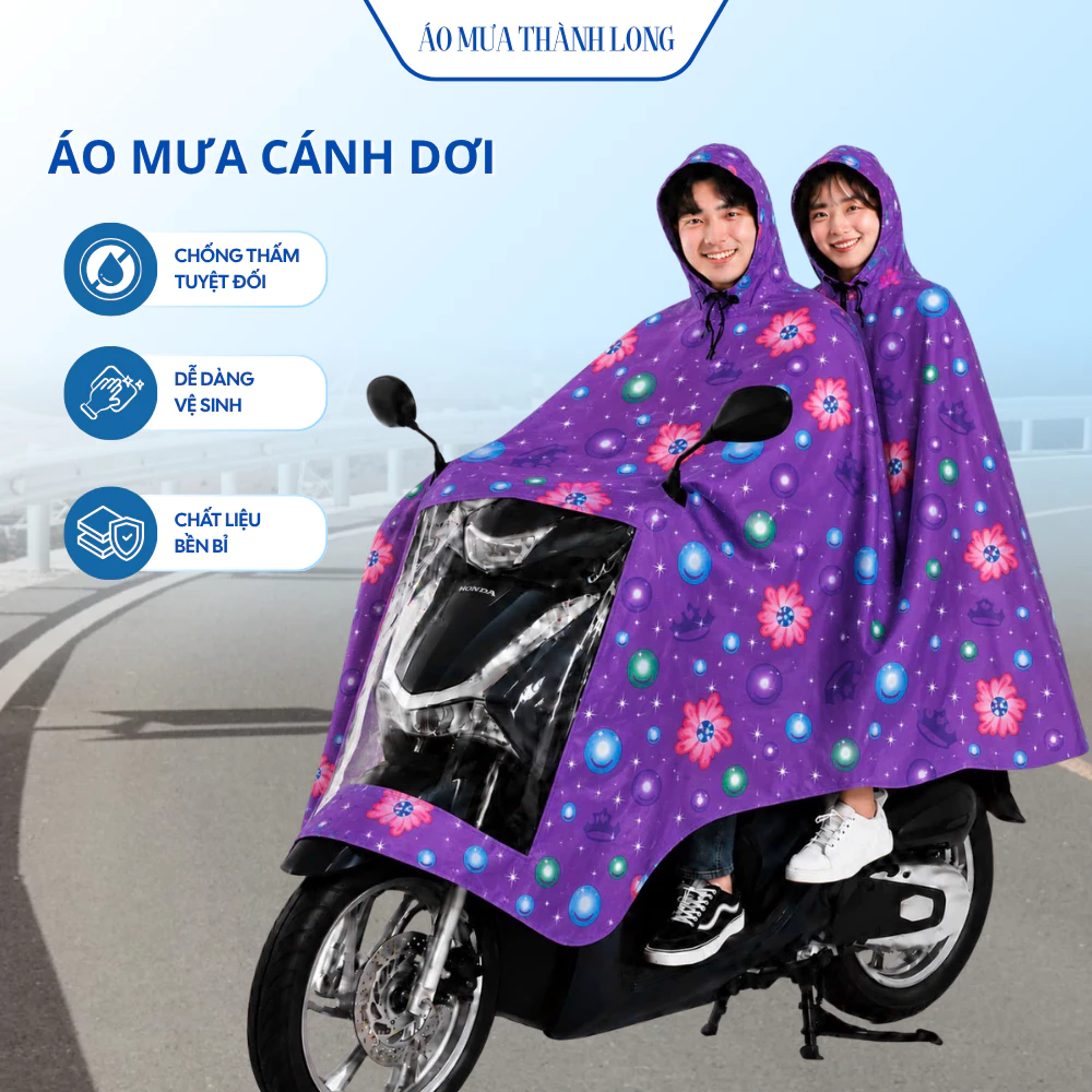 Áo mưa đi xe máy 2 người họa tiết hoa chống thấm nước dễ vệ sinh bền đẹp sử dụng lâu dài