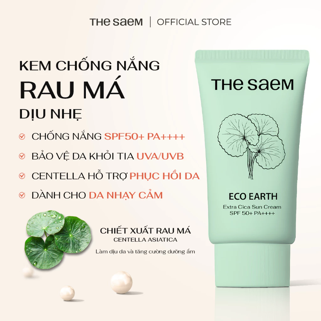 [THE SAEM] Kem chống nắng chiết xuất rau má dịu nhẹ THE SAEM Eco Earth Extra Cica Sun Cream 50g