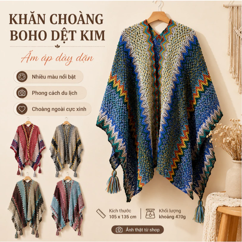 Khăn Choàng Len Dày Ấm Áp Phong Cách Bohemian Dân Tộc Dệt Kim Đẹp Mắt Đi Du Lịch Mùa Đông Phối Đồ Thời Thượng