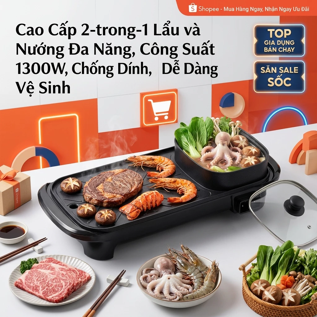 Bếp Nướng Lẩu Điện 2 Trong 1 Tiết Kiệm Điện Nóng Nhanh 30 Giây