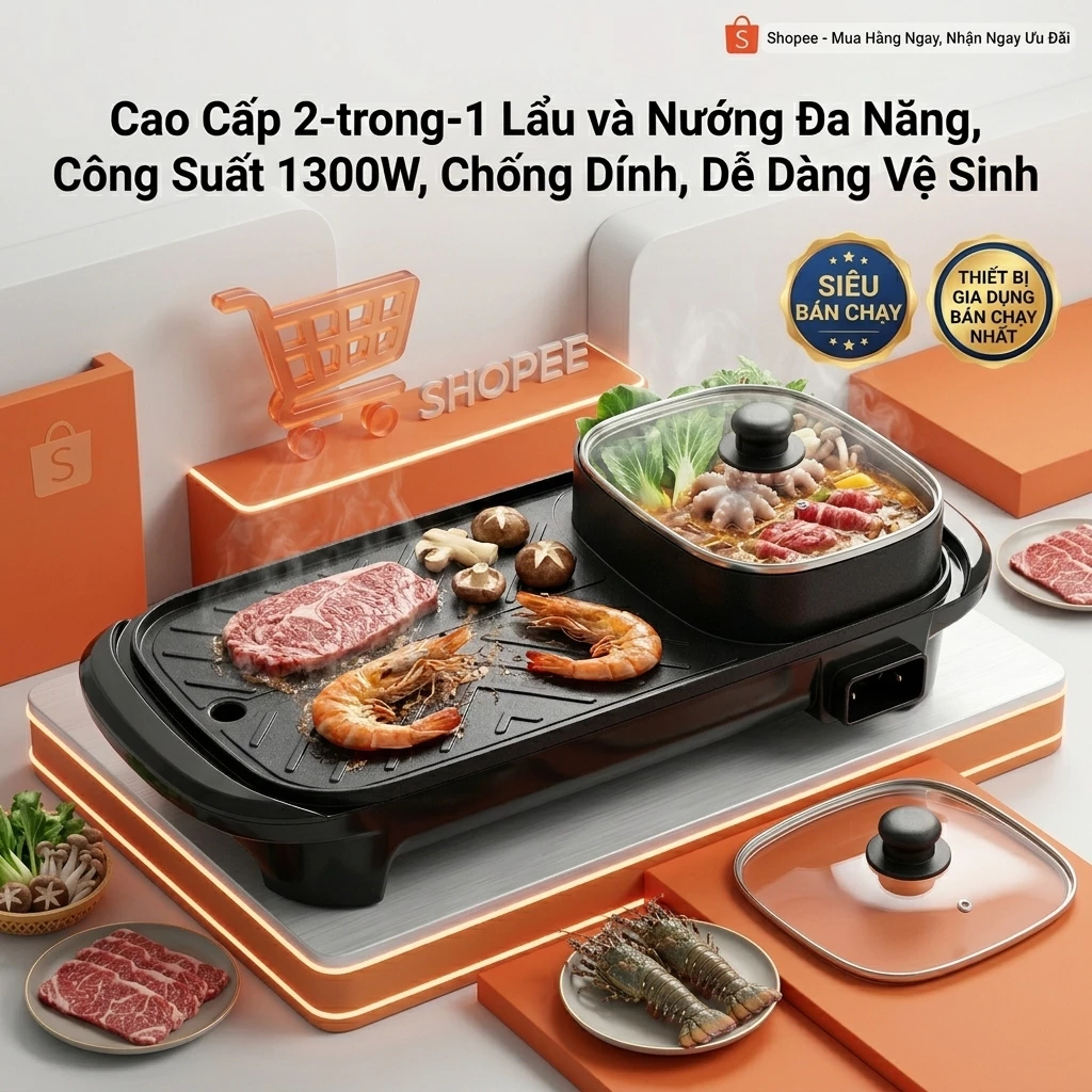 Bếp Điện Đa Năng Lẩu Nướng Kết Hợp Điều Chỉnh Nhiệt Độ 5 Mức
