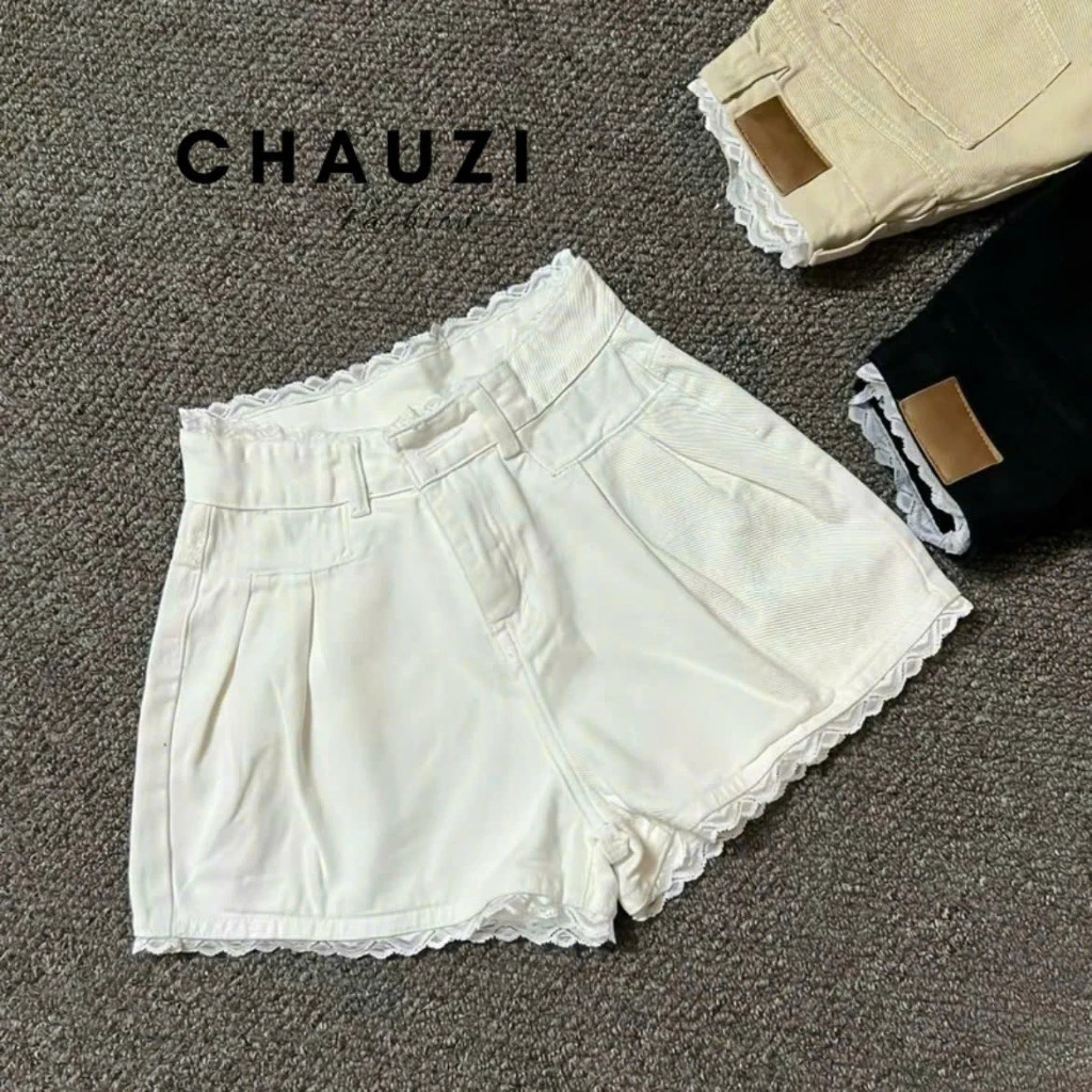 QUẦN SHORT JEANS ĐÙI NỮ LƯNG CAO PHỐI REN LƯNG MÀU TRẮNG ĐEN KEM SIÊU CÁ TÍNH XỊN SÒ 34