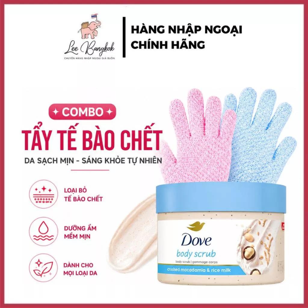 COMBO Hũ Dove Mỹ / Đức Tẩy Tế Bào Chết Và Găng Tay Giúp Làm Sạch Massage, Trắng Da Body Chất Liệu Cotton - LEEBANGKOK