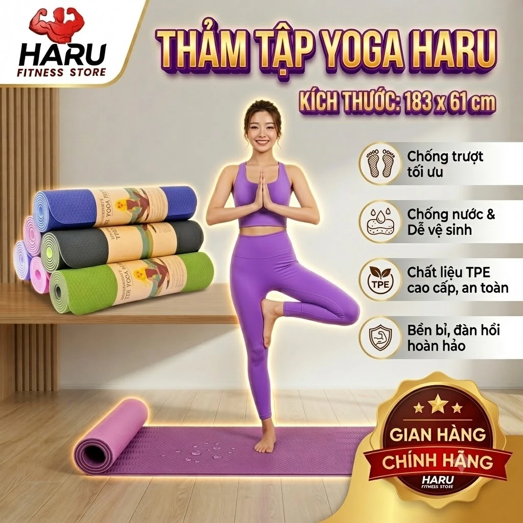 Thảm Tập Yoga Haru TPE 6mm 8mm Siêu Bền, Chống Trượt Gym Gấp Gọn Tiện Lợi Cao Cấp HR13